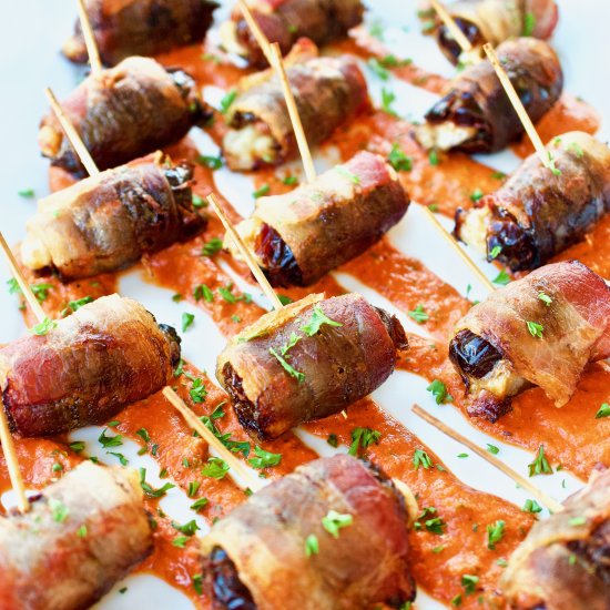 Bacon Wrapped Dates with Romesco