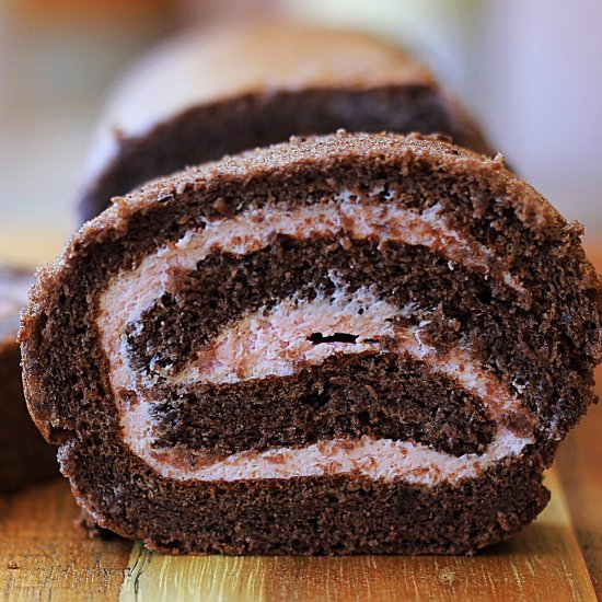 chocolate raspberry Swiss roll cake