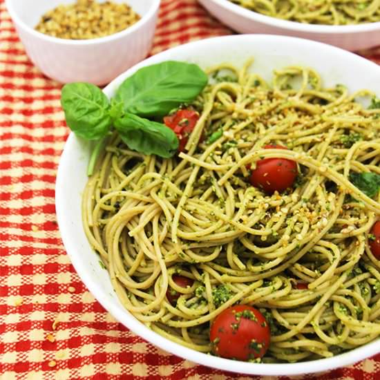 pesto & hemp parmesan spaghetti