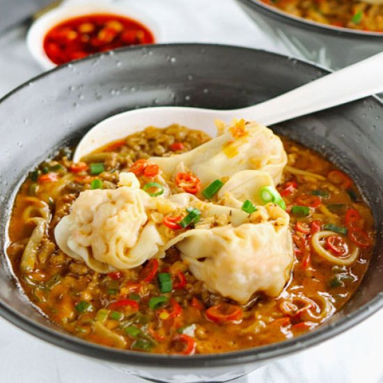 Spicy Dan Dan Noodles with Wontons