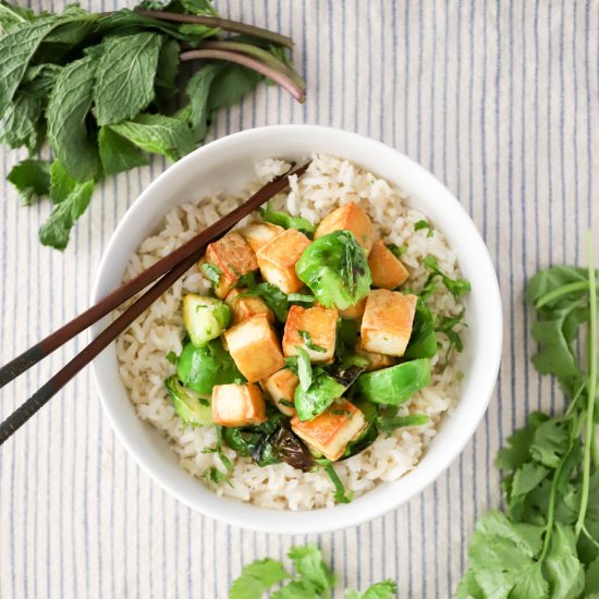 Crispy Tofu Bowls with Brussels