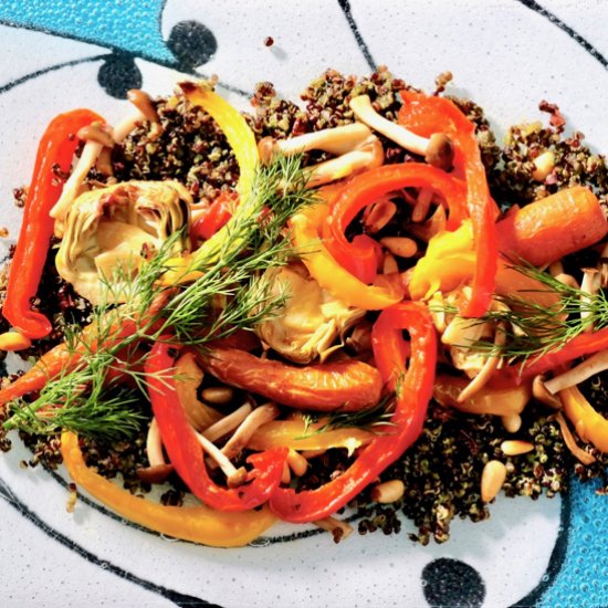 Black quinoa, pesto, roast veggies