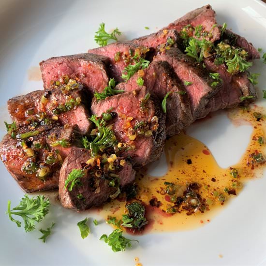 Steak with Green Onion Chili Oil