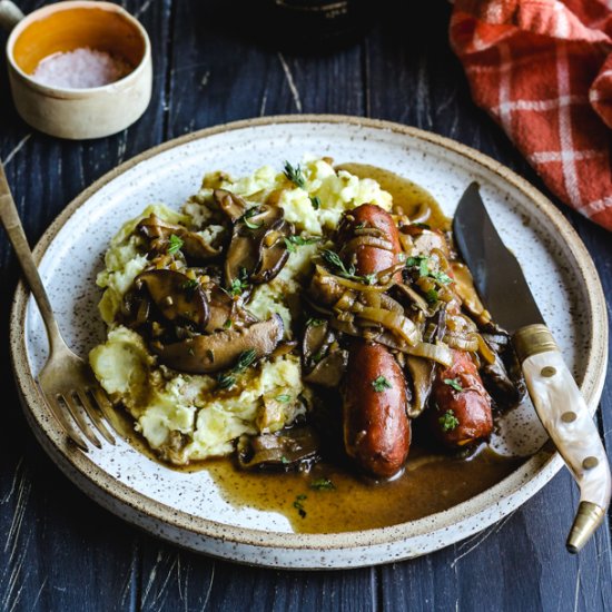 Bangers and Mash with Stout Gravy