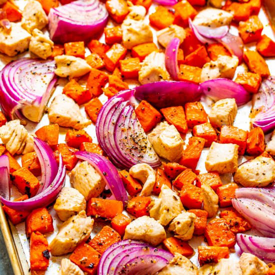 Sheet Pan Sweet Potatoes & Chicken