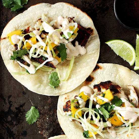 Easy Fish Tacos with Mango & Slaw