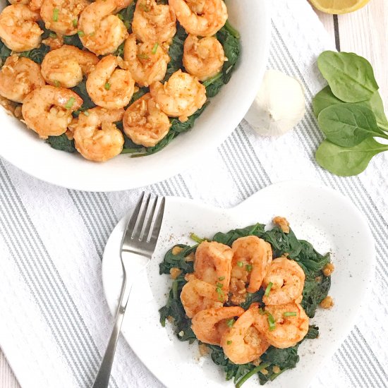 Garlic Shrimp over Sautéed Spinach