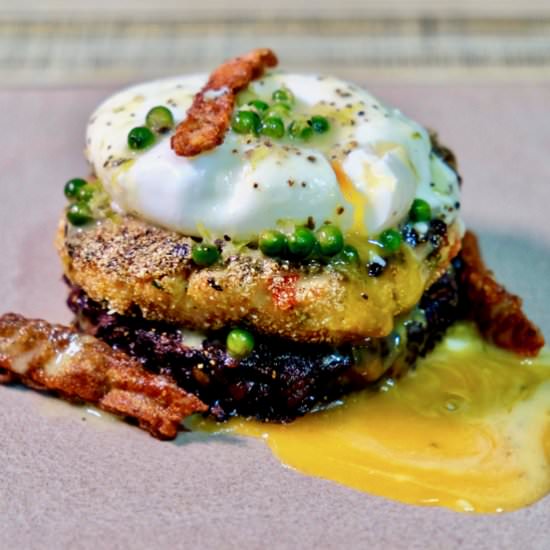 Black rice cake. Salmon cake. Egg.