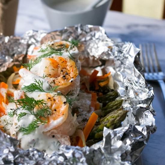 Creamy Dill Salmon Shrimp Foil Pack