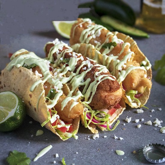 Fish Tacos with Avocado Lime Sauce