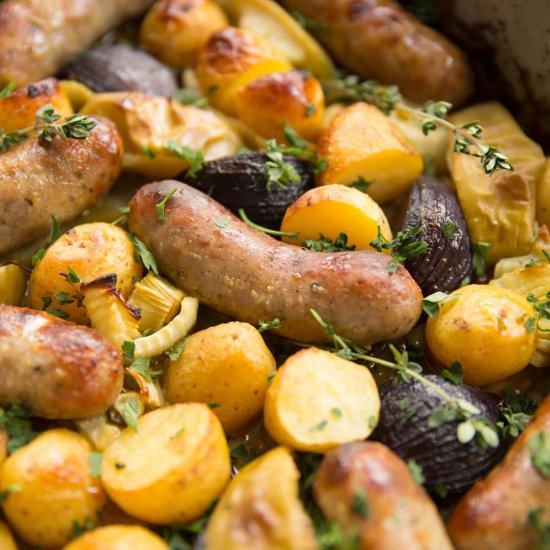 Sticky Sausage Tray Bake