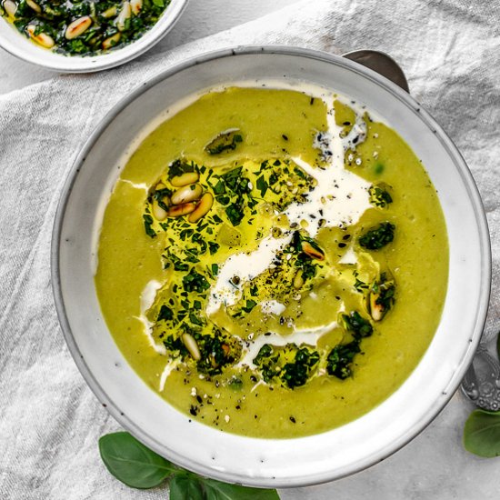 Pea soup with basil mint pesto