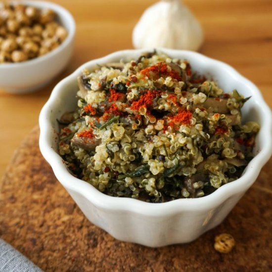 Quinoa with mushrooms & dock leaves