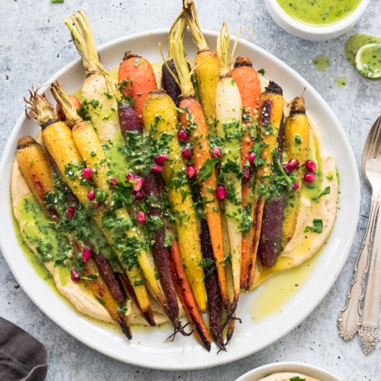 Roasted Carrots Over Hummus