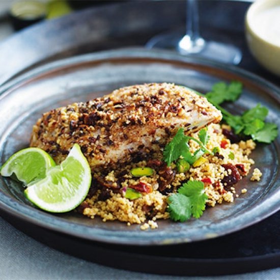 Dukkah crusted snapper on cous cous