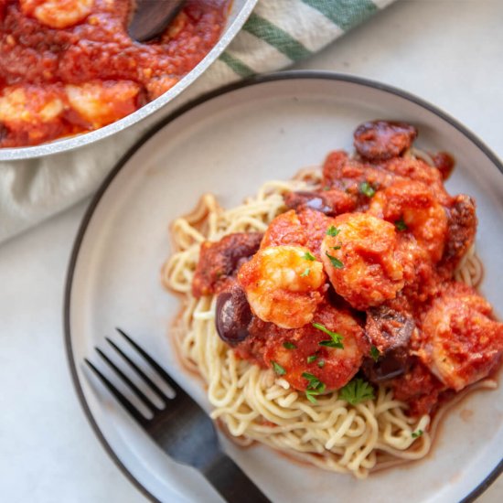 Garlic Shrimp with Puttanesca Sauce