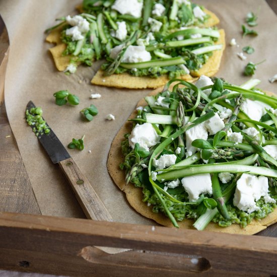 Spring pizza with a chickpea crust