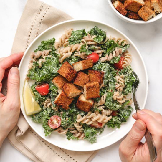 Kale Miso Caesar Pasta Salad