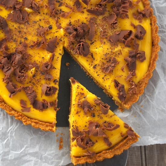 Mango Tart with chocolate Curls