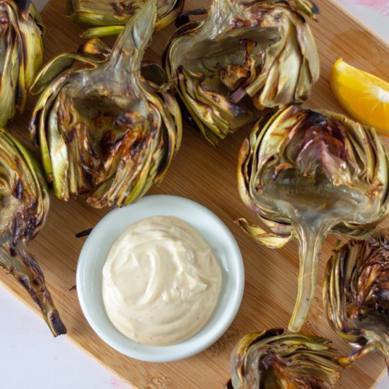 Artichokes with Soy Garlic Mayo