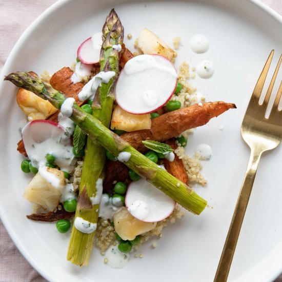 Spring vegetable roast with haloumi