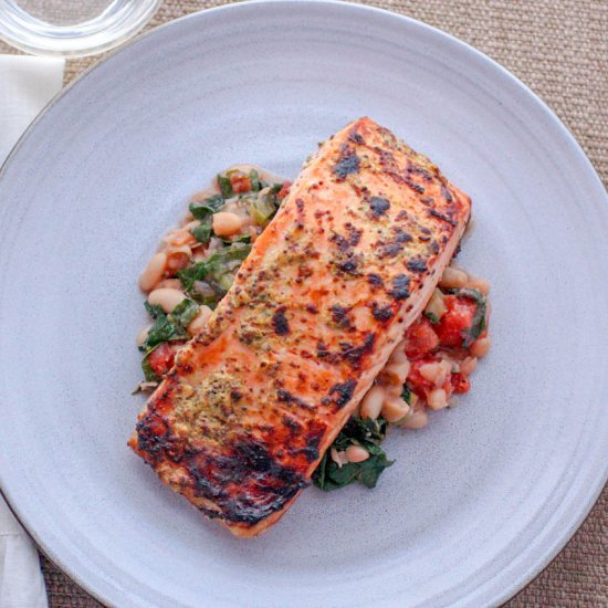 Mustard Salmon with White Bean Ragu