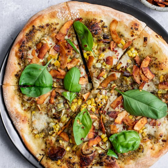 Pesto Pizza with Coconut Bacon