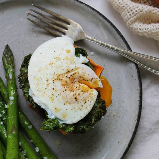 Sweet potato stack w poached eggs