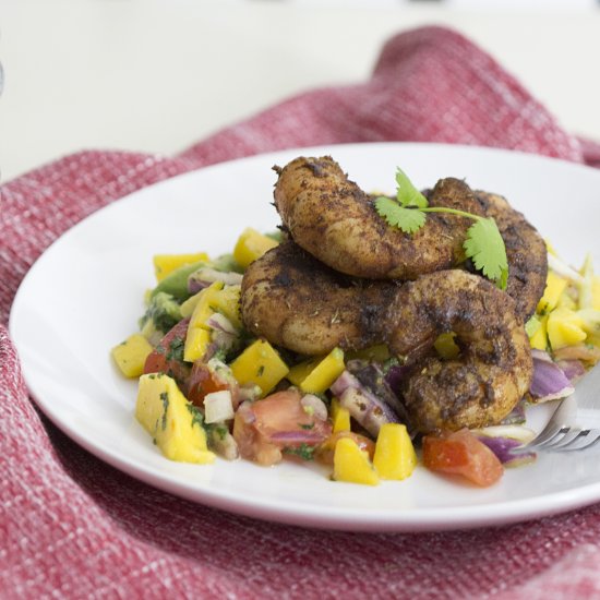 Blackened Shrimp Over Mango Salsa