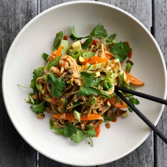 pistachio noodles with veggies