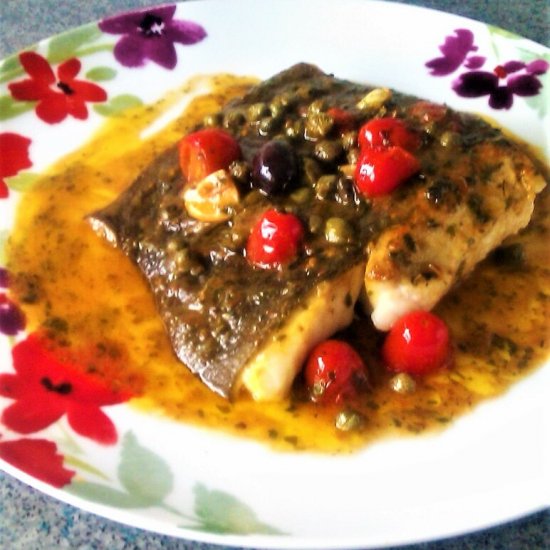 SEARED HALIBUT WITH OLIVE & CAPER S