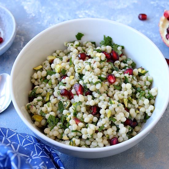 Pomegranate pearl pasta salad