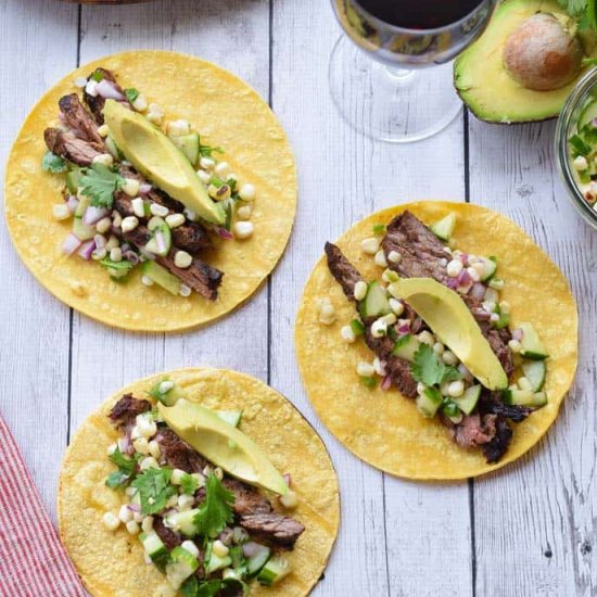 Steak Tacos, Cucumber & Corn Salsa