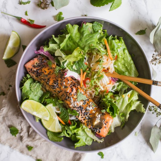 Baked Maple Salmon Spring Roll Bowl