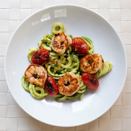 Pesto zoodles with shrimp