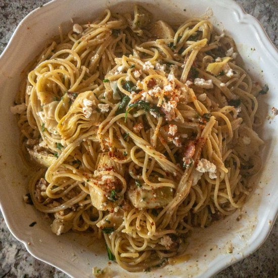 Spinach artichoke pasta with bacon