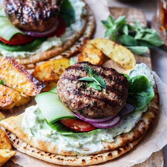 lamb burgers w/ avocado tzatziki