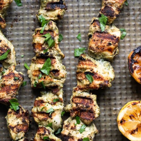 Herb Hummus Chicken Skewers