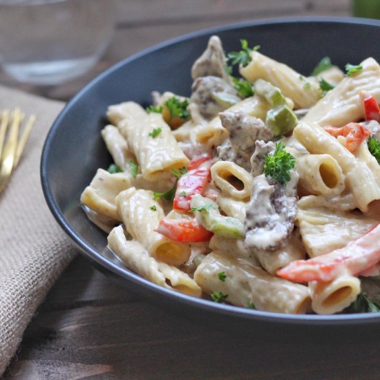 One Pot Philly Cheese Steak Pasta