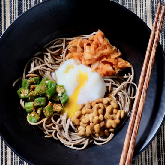 Soba salad with natto, kimchi, okra