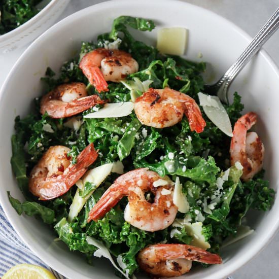 Kale Caesar salad with Spicy Shrimp