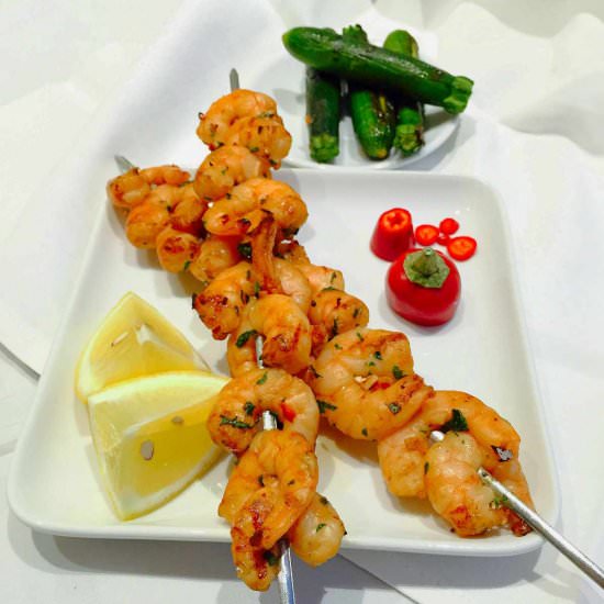 Succulent exotic BBQ-ed prawns