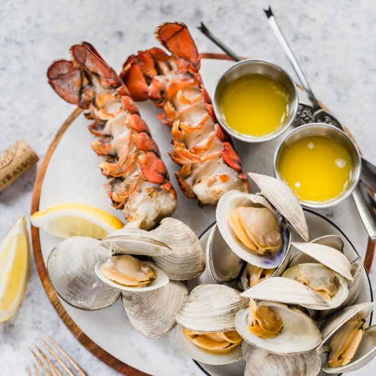 grilled lobster tails and clams