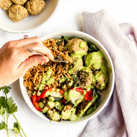 Baked Lentil Falafel Bowl