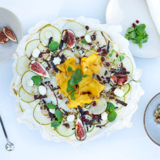 PAVLOVA WITH PEAR, MANGO AND FIGS