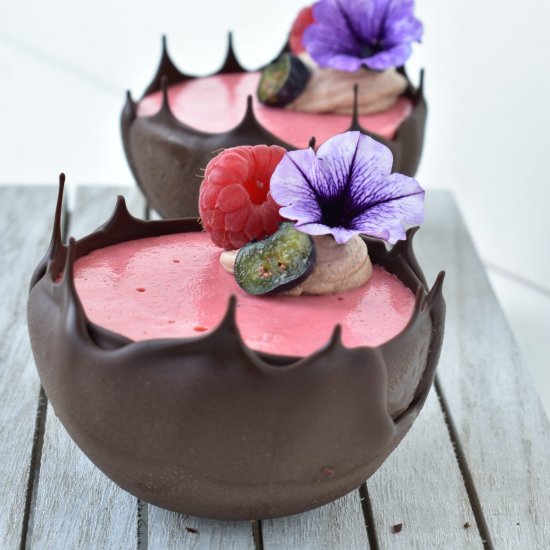 Chocolate volcano with ruby mousse