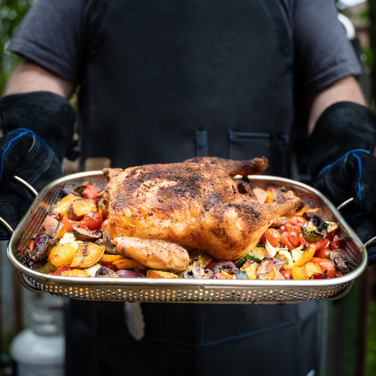 BBQ roasted chicken on vegetables