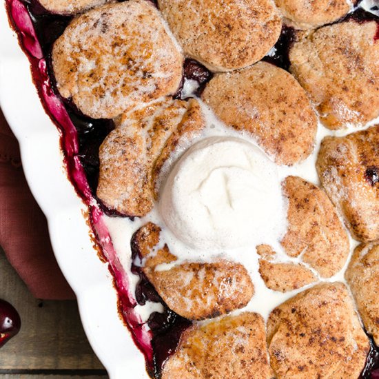 Cherry blueberry biscuit cobbler