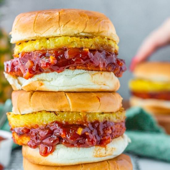 Hawaiian Sriracha Chick’n Burgers