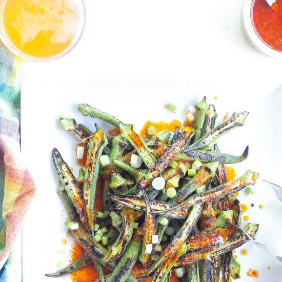 Charred Okra w/ Harissa Sauce